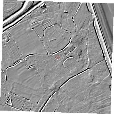 Shaded relief map of the ground around LN122FL, computed from Environment Agency LiDAR. The ground here sits at about 2 m above sea level and falls 8 m across the surrounding 800 m. Surface water reaching this point runs off ground lying to the east-south-east, 1.3 m higher.