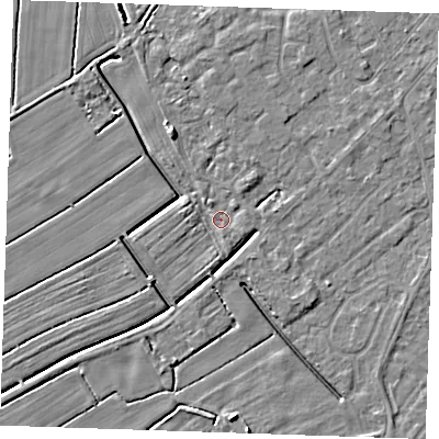 Shaded relief map of the ground around LN122FR, computed from Environment Agency LiDAR. The ground here sits at about 2 m above sea level and falls 4 m across the surrounding 800 m. Surface water reaching this point runs off ground lying to the west-north-west, 1.2 m higher.