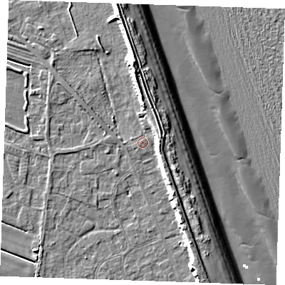 Shaded relief map of the ground around LN122GF, computed from Environment Agency LiDAR. The ground here sits at about 3 m above sea level and falls 12 m across the surrounding 800 m. Surface water reaching this point runs off ground lying to the north-east, 4.9 m higher.