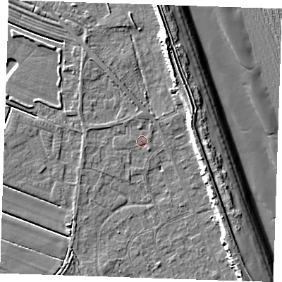 Shaded relief map of the ground around LN122GG, computed from Environment Agency LiDAR. The ground here sits at about 2 m above sea level and falls 12 m across the surrounding 800 m. Surface water reaching this point runs off ground lying to the north-north-east, 0.9 m higher.