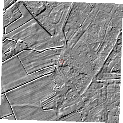 Shaded relief map of the ground around LN122GH, computed from Environment Agency LiDAR. The ground here sits at about 2 m above sea level and falls 4 m across the surrounding 800 m. The ground contributing surface water to this point lies to the south-east.