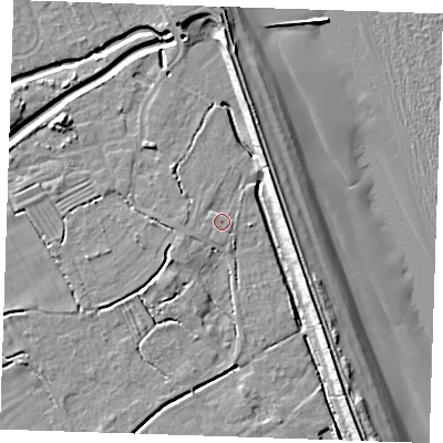 Shaded relief map of the ground around LN122GN, computed from Environment Agency LiDAR. The ground here sits at about 3 m above sea level and falls 10 m across the surrounding 800 m. Surface water reaching this point runs off ground lying to the west-north-west, 0.8 m higher.