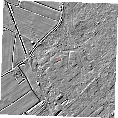 Shaded relief map of the ground around LN122GR, computed from Environment Agency LiDAR. The ground here sits at about 2 m above sea level and falls 5 m across the surrounding 800 m. Surface water reaching this point runs off ground lying to the east, 0.5 m higher.