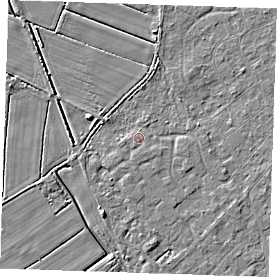 Shaded relief map of the ground around LN122GT, computed from Environment Agency LiDAR. The ground here sits at about 2 m above sea level and falls 5 m across the surrounding 800 m. Surface water reaching this point runs off ground lying to the south-south-west, 0.7 m higher.