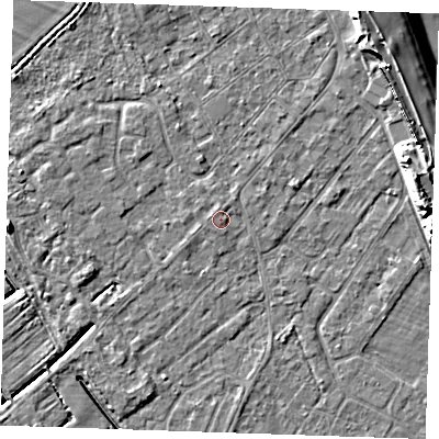 Shaded relief map of the ground around LN122GY, computed from Environment Agency LiDAR. The ground here sits at about 2 m above sea level and falls 11 m across the surrounding 800 m. Surface water reaching this point runs off ground lying to the east-south-east, 0.6 m higher.