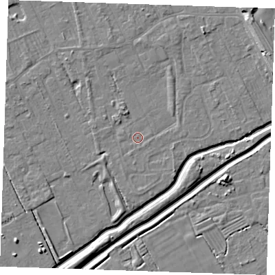 Shaded relief map of the ground around LN122GZ, computed from Environment Agency LiDAR. The ground here sits at about 2 m above sea level and falls 8 m across the surrounding 800 m. Surface water reaching this point runs off ground lying to the north-east, 4.9 m higher.