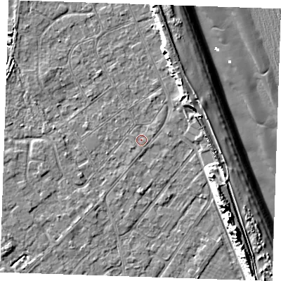 Shaded relief map of the ground around LN122HA, computed from Environment Agency LiDAR. The ground here sits at about 2 m above sea level and falls 13 m across the surrounding 800 m. Surface water reaching this point runs off ground lying to the east-north-east, 4.8 m higher.