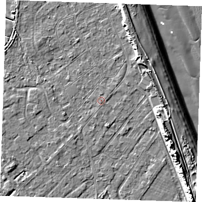 Shaded relief map of the ground around LN122HB, computed from Environment Agency LiDAR. The ground here sits at about 2 m above sea level and falls 13 m across the surrounding 800 m. The ground contributing surface water to this point lies to the east.