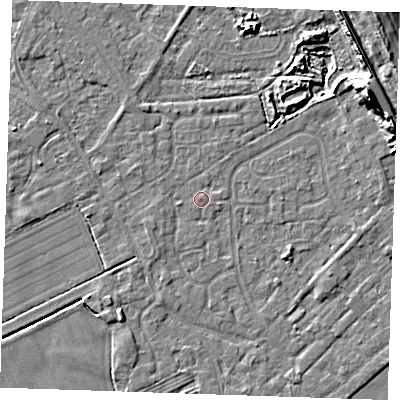 Shaded relief map of the ground around LN122HD, computed from Environment Agency LiDAR. The ground here sits at about 2 m above sea level and falls 13 m across the surrounding 800 m. Surface water reaching this point runs off ground lying to the west-south-west, 0.6 m higher.