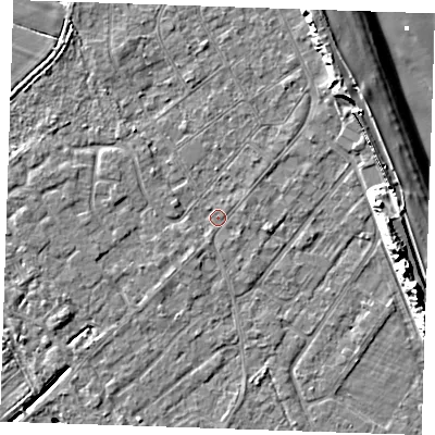Shaded relief map of the ground around LN122HE, computed from Environment Agency LiDAR. The ground here sits at about 2 m above sea level and falls 12 m across the surrounding 800 m. Surface water reaching this point runs off ground lying to the south-west, 0.9 m higher.
