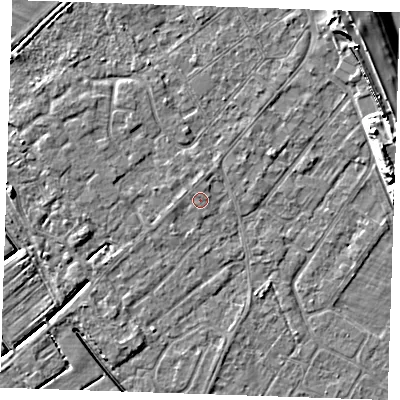 Shaded relief map of the ground around LN122HF, computed from Environment Agency LiDAR. The ground here sits at about 2 m above sea level and falls 11 m across the surrounding 800 m. The ground contributing surface water to this point lies to the north-north-west.