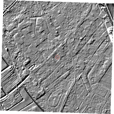 Shaded relief map of the ground around LN122HG, computed from Environment Agency LiDAR. The ground here sits at about 2 m above sea level and falls 9 m across the surrounding 800 m. Surface water reaching this point runs off ground lying to the south-west, 0.7 m higher.
