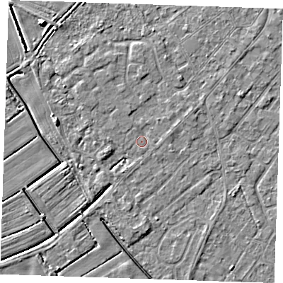Shaded relief map of the ground around LN122HH, computed from Environment Agency LiDAR. The ground here sits at about 2 m above sea level and falls 5 m across the surrounding 800 m. Surface water reaching this point runs off ground lying to the east, 0.7 m higher.