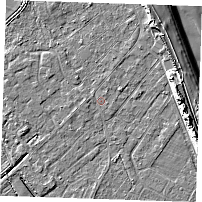 Shaded relief map of the ground around LN122HJ, computed from Environment Agency LiDAR. The ground here sits at about 2 m above sea level and falls 12 m across the surrounding 800 m. Surface water reaching this point runs off ground lying to the east-north-east, 0.8 m higher.