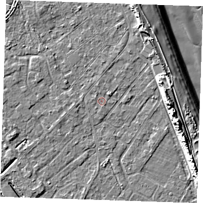 Shaded relief map of the ground around LN122HL, computed from Environment Agency LiDAR. The ground here sits at about 2 m above sea level and falls 13 m across the surrounding 800 m. Surface water reaching this point runs off ground lying to the north-east, 0.8 m higher.