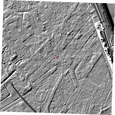 Shaded relief map of the ground around LN122HN, computed from Environment Agency LiDAR. The ground here sits at about 2 m above sea level and falls 11 m across the surrounding 800 m. Surface water reaching this point runs off ground lying to the south-west, 1.5 m higher.