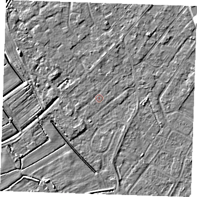 Shaded relief map of the ground around LN122HP, computed from Environment Agency LiDAR. The ground here sits at about 2 m above sea level and falls 6 m across the surrounding 800 m. Surface water reaching this point runs off ground lying to the west-south-west, 0.9 m higher.