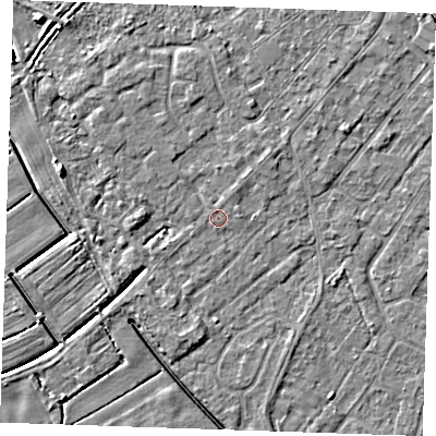 Shaded relief map of the ground around LN122HQ, computed from Environment Agency LiDAR. The ground here sits at about 2 m above sea level and falls 6 m across the surrounding 800 m. Surface water reaching this point runs off ground lying to the east-north-east, 0.6 m higher.