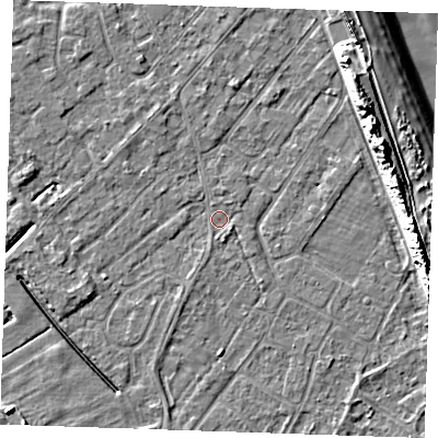 Shaded relief map of the ground around LN122HR, computed from Environment Agency LiDAR. The ground here sits at about 2 m above sea level and falls 11 m across the surrounding 800 m. Surface water reaching this point runs off ground lying to the north-east, 9.5 m higher.
