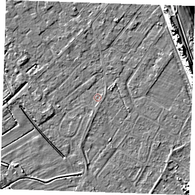 Shaded relief map of the ground around LN122HS, computed from Environment Agency LiDAR. The ground here sits at about 2 m above sea level and falls 11 m across the surrounding 800 m. Surface water reaching this point runs off ground lying to the west-south-west, 1.1 m higher.