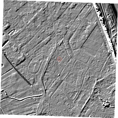Shaded relief map of the ground around LN122HT, computed from Environment Agency LiDAR. The ground here sits at about 2 m above sea level and falls 11 m across the surrounding 800 m. Surface water reaching this point runs off ground lying to the south, 1.2 m higher.