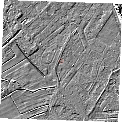 Shaded relief map of the ground around LN122HU, computed from Environment Agency LiDAR. The ground here sits at about 2 m above sea level and falls 11 m across the surrounding 800 m. Surface water reaching this point runs off ground lying to the east-south-east, 1.2 m higher.