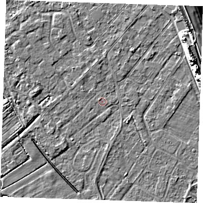 Shaded relief map of the ground around LN122HW, computed from Environment Agency LiDAR. The ground here sits at about 2 m above sea level and falls 11 m across the surrounding 800 m. Surface water reaching this point runs off ground lying to the south-west, 1.3 m higher.
