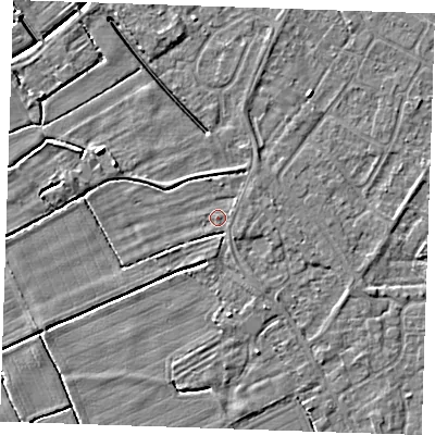 Shaded relief map of the ground around LN122HX, computed from Environment Agency LiDAR. The ground here sits at about 2 m above sea level and falls 4 m across the surrounding 800 m. Surface water reaching this point runs off ground lying to the east-south-east, 0.7 m higher.