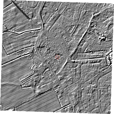 Shaded relief map of the ground around LN122HY, computed from Environment Agency LiDAR. The ground here sits at about 2 m above sea level and falls 6 m across the surrounding 800 m. Surface water reaching this point runs off ground lying to the south-west, 1.3 m higher.