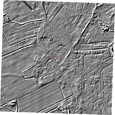 Shaded relief map of the ground around LN122HZ, computed from Environment Agency LiDAR. The ground here sits at about 2 m above sea level and falls 6 m across the surrounding 800 m. Surface water reaching this point runs off ground lying to the south-west, 1.3 m higher.