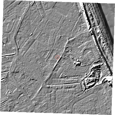 Shaded relief map of the ground around LN122JA, computed from Environment Agency LiDAR. The ground here sits at about 2 m above sea level and falls 14 m across the surrounding 800 m. Surface water reaching this point runs off ground lying to the east-south-east, 0.7 m higher.