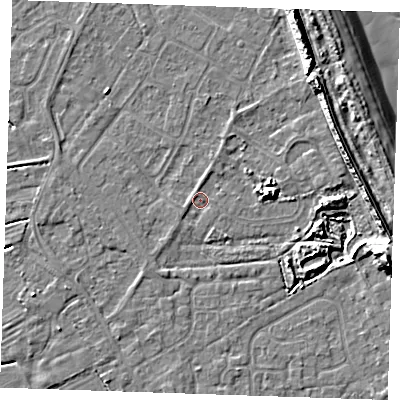 Shaded relief map of the ground around LN122JB, computed from Environment Agency LiDAR. The ground here sits at about 2 m above sea level and falls 14 m across the surrounding 800 m. Surface water reaching this point runs off ground lying to the north-east, 7.5 m higher.