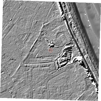 Shaded relief map of the ground around LN122JD, computed from Environment Agency LiDAR. The ground here sits at about 2 m above sea level and falls 15 m across the surrounding 800 m. Surface water reaching this point runs off ground lying to the north, 4.9 m higher.