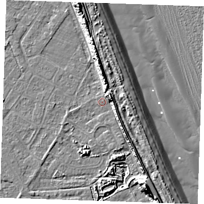 Shaded relief map of the ground around LN122JE, computed from Environment Agency LiDAR. The ground here sits at about 3 m above sea level and falls 15 m across the surrounding 800 m. Surface water reaching this point runs off ground lying to the east-north-east, 6.9 m higher.