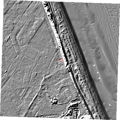 Shaded relief map of the ground around LN122JF, computed from Environment Agency LiDAR. The ground here sits at about 2 m above sea level and falls 13 m across the surrounding 800 m. Surface water reaching this point runs off ground lying to the north-east, 8.7 m higher.
