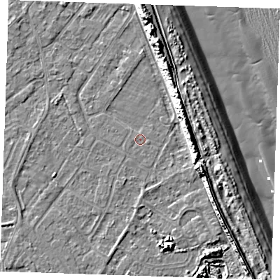 Shaded relief map of the ground around LN122JG, computed from Environment Agency LiDAR. The ground here sits at about 2 m above sea level and falls 13 m across the surrounding 800 m. The ground contributing surface water to this point lies to the south-west.