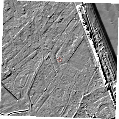 Shaded relief map of the ground around LN122JH, computed from Environment Agency LiDAR. The ground here sits at about 2 m above sea level and falls 13 m across the surrounding 800 m. Surface water reaching this point runs off ground lying to the east-south-east, 8.9 m higher.