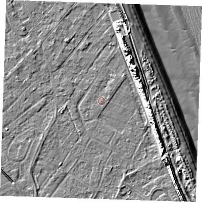 Shaded relief map of the ground around LN122JJ, computed from Environment Agency LiDAR. The ground here sits at about 2 m above sea level and falls 13 m across the surrounding 800 m. Surface water reaching this point runs off ground lying to the north-north-east, 9.5 m higher.