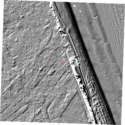 Shaded relief map of the ground around LN122JL, computed from Environment Agency LiDAR. The ground here sits at about 2 m above sea level and falls 13 m across the surrounding 800 m. The ground contributing surface water to this point lies to the east-north-east.