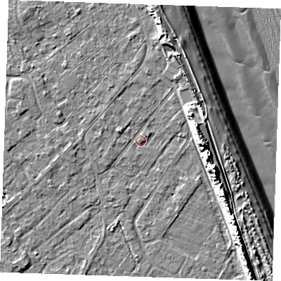 Shaded relief map of the ground around LN122JN, computed from Environment Agency LiDAR. The ground here sits at about 2 m above sea level and falls 13 m across the surrounding 800 m. Surface water reaching this point runs off ground lying to the east-north-east, 7.1 m higher.