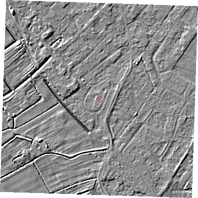 Shaded relief map of the ground around LN122JP, computed from Environment Agency LiDAR. The ground here sits at about 2 m above sea level and falls 4 m across the surrounding 800 m. The ground contributing surface water to this point lies to the north-north-west.