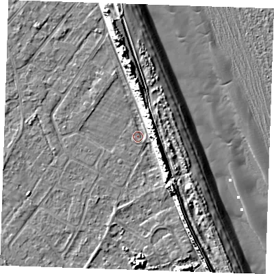 Shaded relief map of the ground around LN122JQ, computed from Environment Agency LiDAR. The ground here sits at about 2 m above sea level and falls 13 m across the surrounding 800 m. Surface water reaching this point runs off ground lying to the east-north-east, 8.0 m higher.