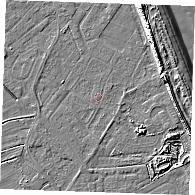 Shaded relief map of the ground around LN122JS, computed from Environment Agency LiDAR. The ground here sits at about 2 m above sea level and falls 12 m across the surrounding 800 m. Surface water reaching this point runs off ground lying to the north-east, 0.5 m higher.