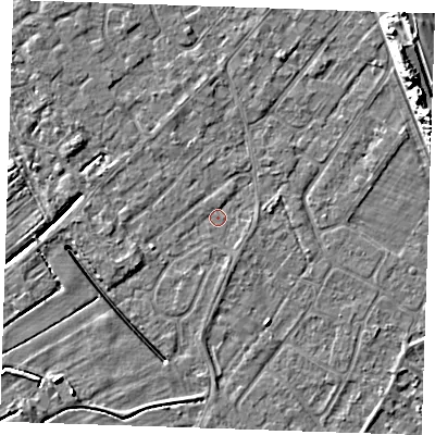 Shaded relief map of the ground around LN122JT, computed from Environment Agency LiDAR. The ground here sits at about 2 m above sea level and falls 11 m across the surrounding 800 m. Surface water reaching this point runs off ground lying to the west-south-west, 1.1 m higher.