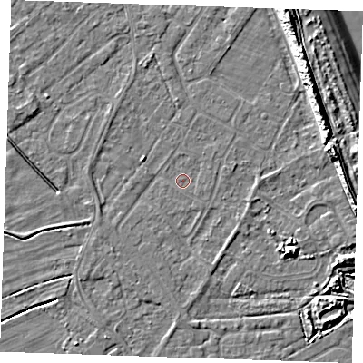 Shaded relief map of the ground around LN122JU, computed from Environment Agency LiDAR. The ground here sits at about 2 m above sea level and falls 11 m across the surrounding 800 m. Surface water reaching this point runs off ground lying to the south-south-east, 0.9 m higher.