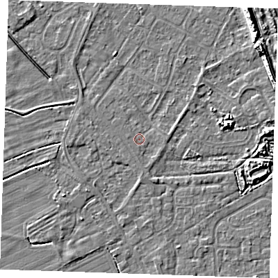 Shaded relief map of the ground around LN122JW, computed from Environment Agency LiDAR. The ground here sits at about 2 m above sea level and falls 10 m across the surrounding 800 m. Surface water reaching this point runs off ground lying to the east, 0.7 m higher.