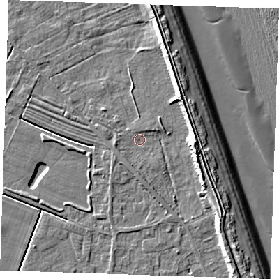 Shaded relief map of the ground around LN122JX, computed from Environment Agency LiDAR. The ground here sits at about 2 m above sea level and falls 12 m across the surrounding 800 m. Surface water reaching this point runs off ground lying to the east-south-east, 7.7 m higher.