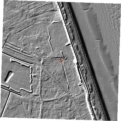 Shaded relief map of the ground around LN122JY, computed from Environment Agency LiDAR. The ground here sits at about 2 m above sea level and falls 12 m across the surrounding 800 m. Surface water reaching this point runs off ground lying to the east-south-east, 7.7 m higher.