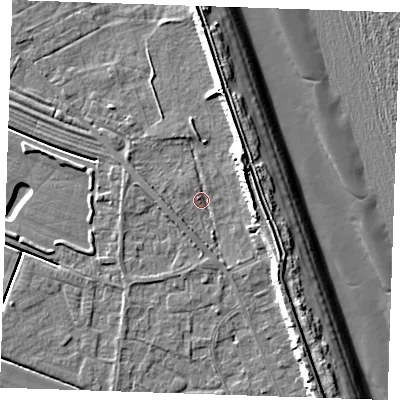 Shaded relief map of the ground around LN122JZ, computed from Environment Agency LiDAR. The ground here sits at about 2 m above sea level and falls 12 m across the surrounding 800 m. Surface water reaching this point runs off ground lying to the north-east, 7.6 m higher.