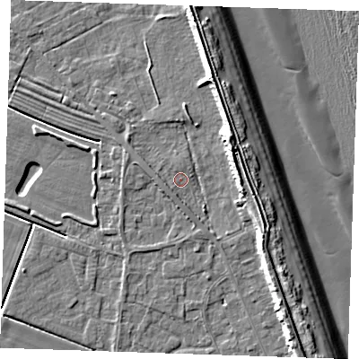 Shaded relief map of the ground around LN122LA, computed from Environment Agency LiDAR. The ground here sits at about 2 m above sea level and falls 12 m across the surrounding 800 m. Surface water reaching this point runs off ground lying to the east-north-east, 7.6 m higher.